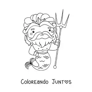 Imagen para colorear de Poseidón animado kawaii con un tridente