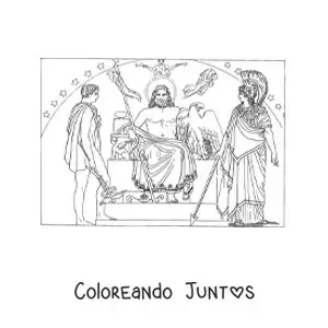 Imagen para colorear de Zeus con Atenea y Hermes en su trono en el Olimpo