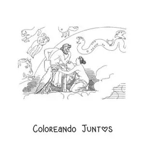Imagen para colorear de Tetis y Zeus en su trono