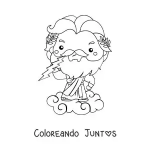 Imagen para colorear de Zeus animado kawaii lanzando un rayo desde una nube