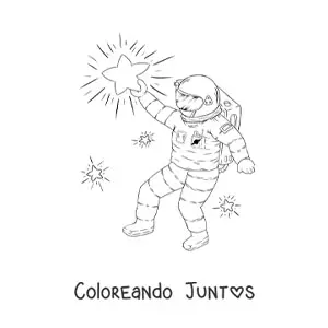 Imagen para colorear de un astronauta alcanzando una estrella con su brazo