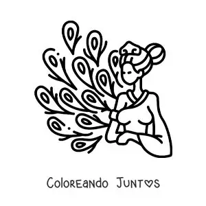 Imagen para colorear de la diosa griega Hera con plumas de pavo real