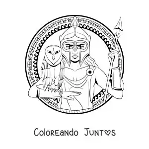 Imagen para colorear de la diosa Atenea animada con su búho y su casco