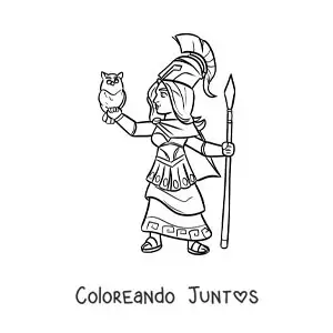 Imagen para colorear de Atenea la diosa de la sabiduría animada con su búho