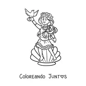 Imagen para colorear de la diosa Afrodita animada con una concha marina y una paloma