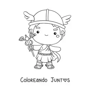 Imagen para colorear del dios Hermes animado kawaii con su caduceo