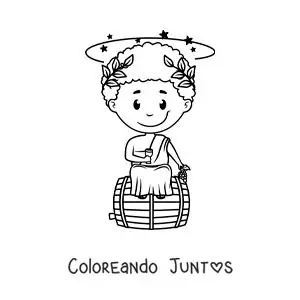 Imagen para colorear del dios Dionisio animado kawaii sentado sobre un barril de vino