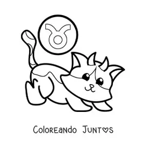 Imagen para colorear de gato animado del signo tauro con su símbolo
