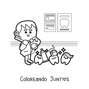 Imagen para colorear de un dentista junto a varios dientes animados