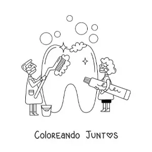 Imagen para colorear de dos dentistas limpiando un diente gigante