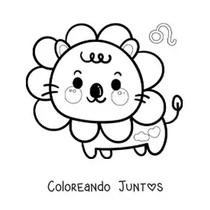 Imagen para colorear de león del signo leo animado kawaii con su símbolo