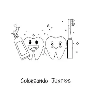 Imagen para colorear de dos dientes animados sujetando un cepillo y una pasta dental