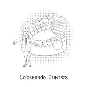 Imagen para colorear de una dentista junto a elementos de higiene bucal