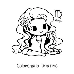Imagen para colorear de chica kawaii del signo virgo con su símbolo