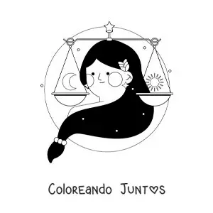 Imagen para colorear de mujer del signo del zodiaco Libra con su símbolo
