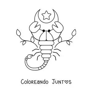 Imagen para colorear del signo de Escorpio animado con una luna y hojas
