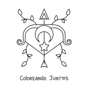 Imagen para colorear de símbolo de Sagitario animado con hojas y astros