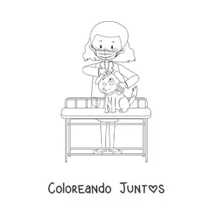 Imagen para colorear de una veterinaria con mascarilla revisando un perro