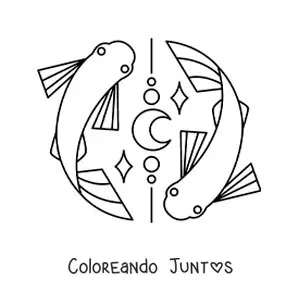 Imagen para colorear de los peces del signo Piscis animados con una luna