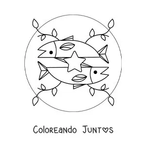 Imagen para colorear de símbolo del signo Piscis animado con hojas