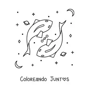 Imagen para colorear de símbolo del signo zodiacal Piscis con astros