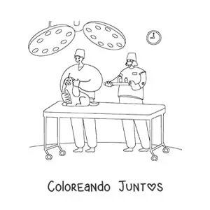Imagen para colorear de un perro y dos veterinarios en el quirófano