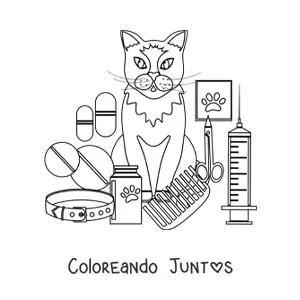 Imagen para colorear de un gato junto a instrumentos del veterinario