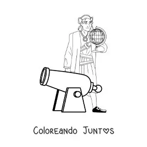 Imagen para colorear de Cristóbal Colón animado con un cañón y un globo terráqueo
