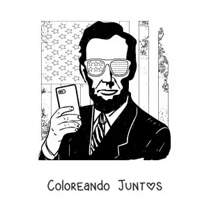 Imagen para colorear de Abraham Lincoln moderno con lentes y la bandera de estados unidos