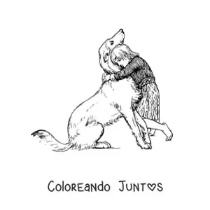 Imagen para colorear de una niña abrazando un perro sentado