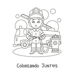 Imagen para colorear de un un bombero animado junto a un camión de bomberos