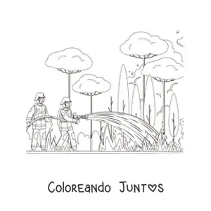 Imagen para colorear de dos bomberos apagando un incendio forestal