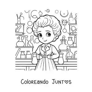 Imagen para colorear de Marie Curie animada en su laboratorio para niños