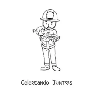 Imagen para colorear de un bombero rescatando a una niña