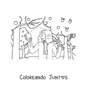 Imagen para colorear de Isaac Newton con una manzana cayendo sobre su cabeza