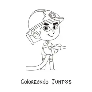 Imagen para colorear de un bombero animado kawaii con una manguera