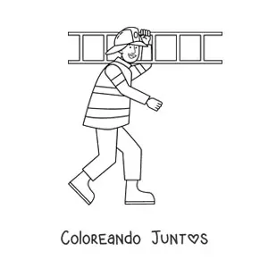 Imagen para colorear de un bombero animado cargando una escalera