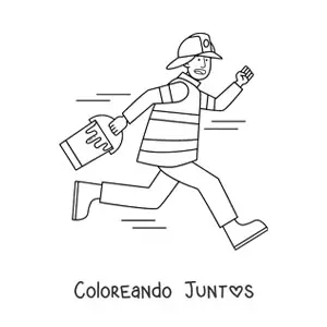 Imagen para colorear de un bombero animado con un cubo de agua