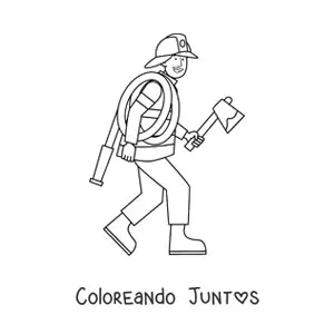 Imagen para colorear de un bombero animado con una manguera y un hacha