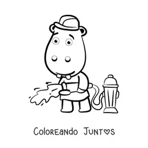 Imagen para colorear de un hipopótamo bombero animado apagando un incendio