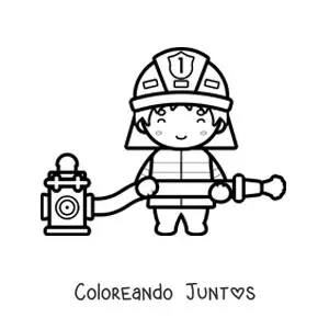 Imagen para colorear de un bombero kawaii con una manguera