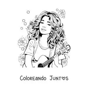 Caricatura de Selena Gómez con una guitarra y flores