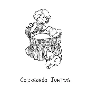 Imagen para colorear de una niña y un perro junto a un bebé en una cuna