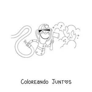 Imagen para colorear de un bombero animado en un incendio