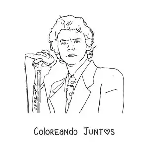 Imagen para colorear de un retrato de Harry Styles cantando con un micrófono en estilo realista
