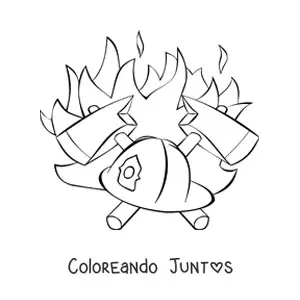 Imagen para colorear de un casco de bombero con dos hachas cruzadas