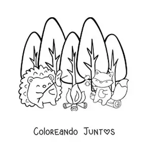 Animales kawaii en una fogata en el bosque