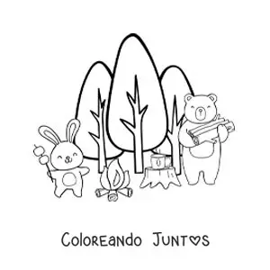 Imagen para colorear de animales animados en una fogata en el bosque