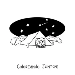 Imagen para colorear de un niño animado acamapando en la noche
