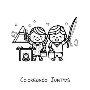 Imagen para colorear de una pareja kawaii en un campamento